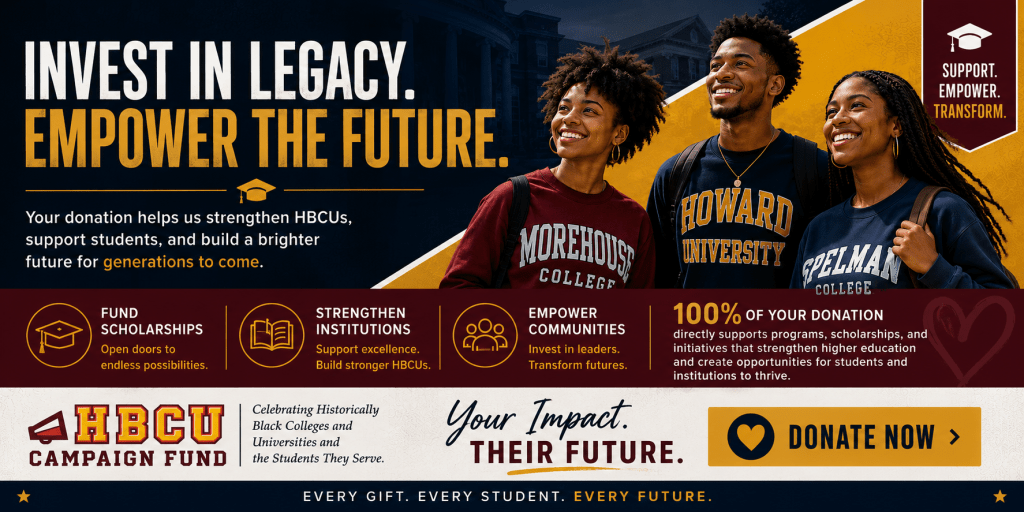 A promotional graphic highlighting the importance of supporting Historically Black Colleges and Universities (HBCUs). It features three smiling students in college apparel from Morehouse College, Howard University, and Spelman College. The text encourages donations to strengthen institutions, fund scholarships, and empower communities.