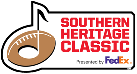Logo for the Southern Heritage Classic, featuring a football and a musical note, with the event name and the FedEx logo.