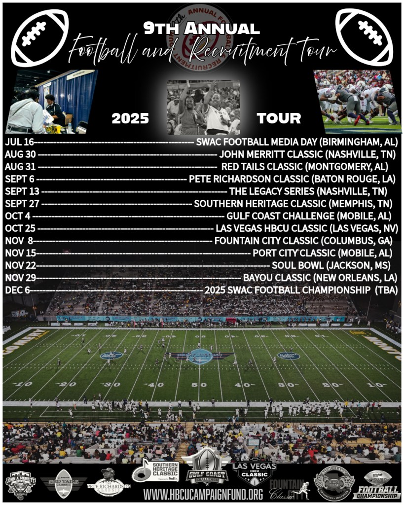 A graphic displaying the schedule for the 9th Annual HBCU Football and Recruitment Tour for 2025, including event dates and locations, with images of a football game and participants at a recruitment event.
