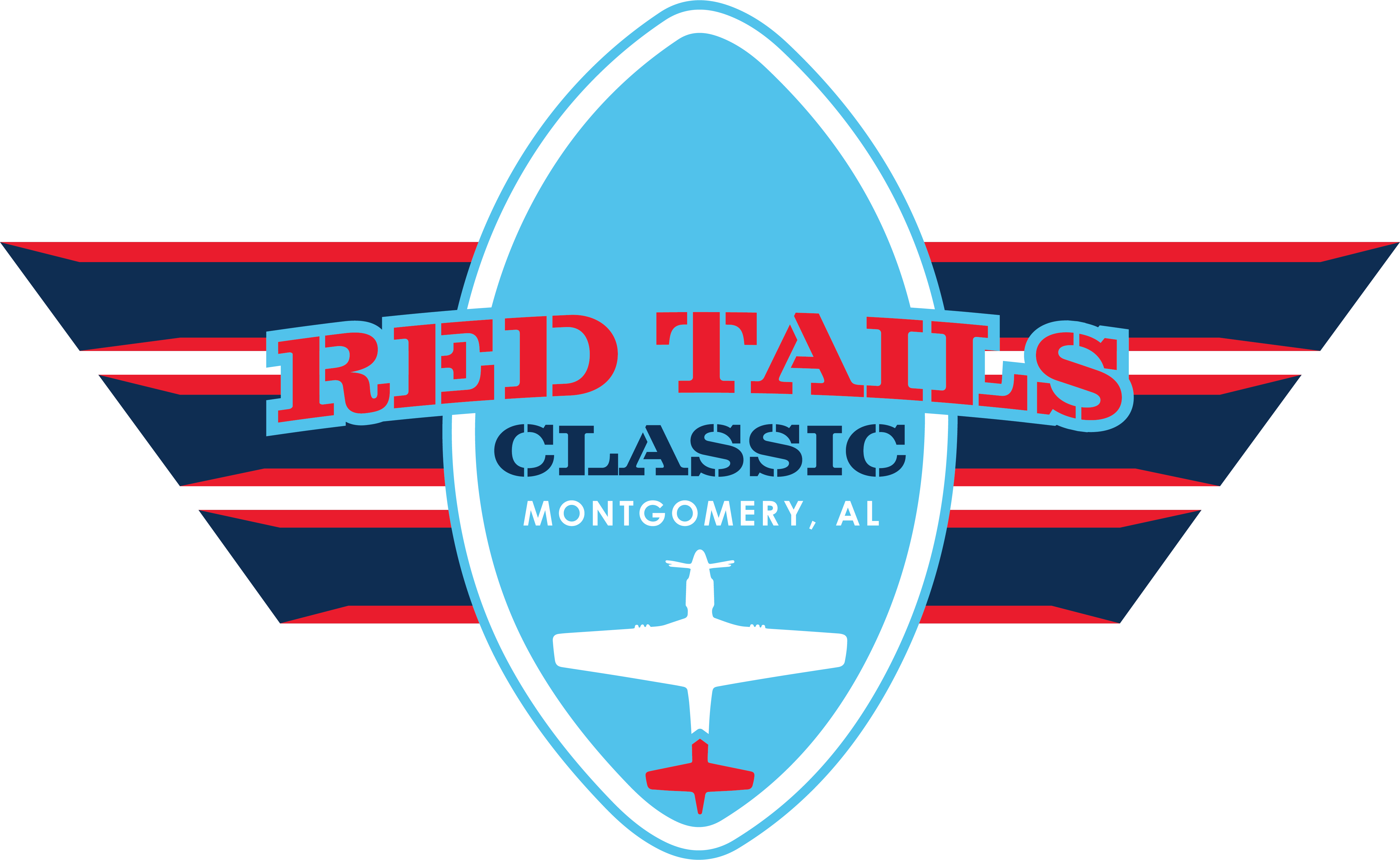 Logo for the Red Tails Classic featuring a blue shield with red and white accents, including the text 'RED TAILS CLASSIC' and 'MONTGOMERY, AL', along with an illustration of an aircraft.