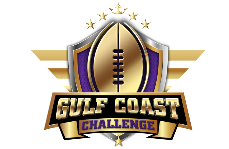 Logo of the Gulf Coast Challenge featuring a football and a shield design with stars.