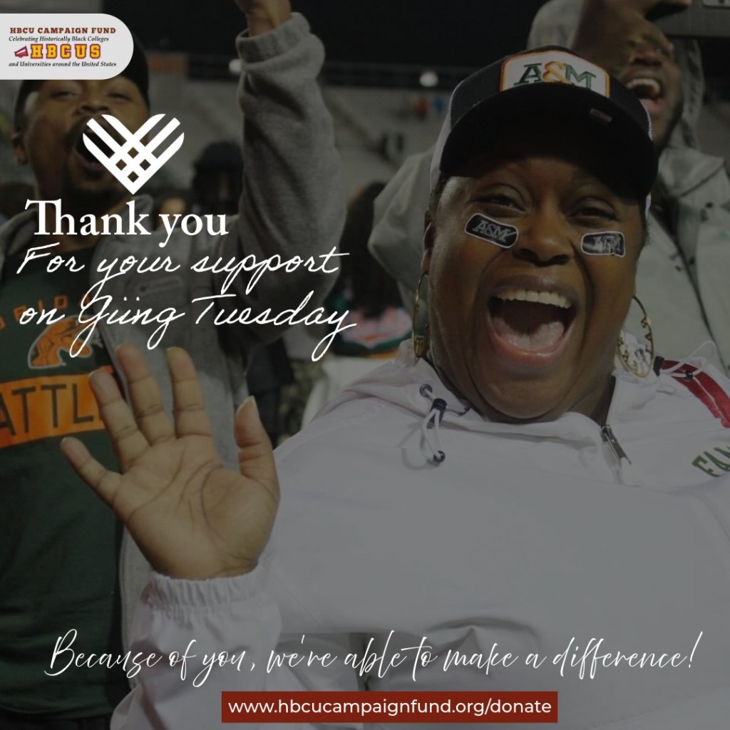 A cheerful woman with face paint and a hat is smiling and waving at a crowded event, with overlay text thanking supporters for Giving Tuesday.