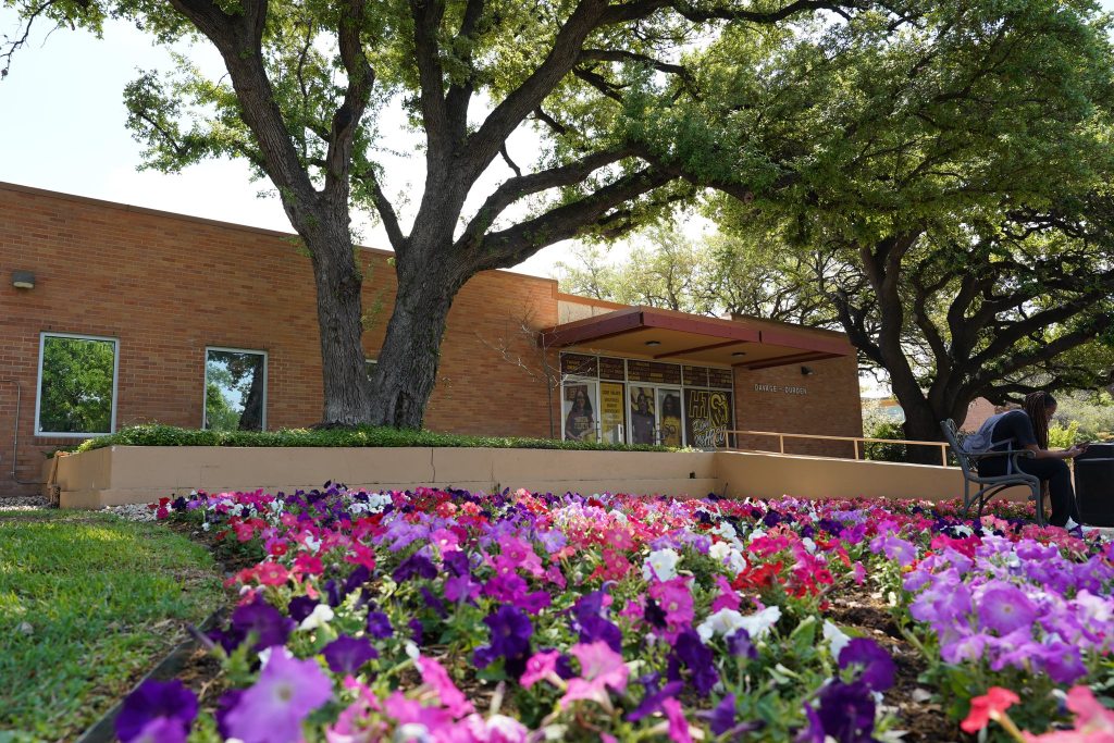 Vibrant flower bed with pink, purple, and white flowers in front of a building, featuring large trees and a seating area.